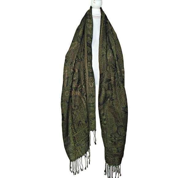 Large Jerusalem 100% Cashmere Scarf Shawl 68x27" Black Gold Fringe Ends Elegant - Picture 1 of 12